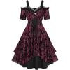 ROSE GAL Plus Size Gothic Lace Up Flocking Floral Layered Cold Shoulder Flowy Dress(Red)