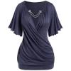 ROSE GAL Plus Size Lettuce Ruched Chain Embellished Plunging Blouson Tee(Blue)