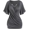 ROSE GAL Plus Size Lettuce Ruched Chain Embellished Plunging Blouson Tee(Gray)