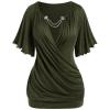 ROSE GAL Plus Size Lettuce Ruched Chain Embellished Plunging Blouson Tee(Green)
