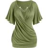 ROSE GAL Plus Size Lettuce Ruched Chain Embellished Plunging Blouson Tee(Green_1)