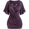 ROSE GAL Plus Size Lettuce Ruched Chain Embellished Plunging Blouson Tee(Purple)