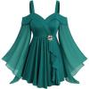 ROSE GAL Plus Size Women Elagant Fall T-Shirt Cold Shoulder Ruffle Long Bell Sleeve Swing Top(Green)