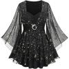 ROSE GAL Plus Size Womens Elegant Sparkly Gold Stamping Stars Print Long Flare Sleeve 2 in 1 Flowy Top(Black)