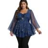ROSE GAL Plus Size Womens Elegant Sparkly Gold Stamping Stars Print Long Flare Sleeve 2 in 1 Flowy Top(Blue)