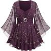 ROSE GAL Plus Size Womens Elegant Sparkly Gold Stamping Stars Print Long Flare Sleeve 2 in 1 Flowy Top(Deep Purple)