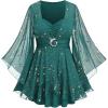 ROSE GAL Plus Size Womens Elegant Sparkly Gold Stamping Stars Print Long Flare Sleeve 2 in 1 Flowy Top(Green)