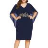 ROSE GAL Rosegal Plus Size Women Flower Applique Chiffon Overlay Bodycon Pencil Cape Dress for Wedding Cocktail Party Work(Deep Blue)