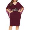 ROSE GAL Rosegal Plus Size Women Flower Applique Chiffon Overlay Bodycon Pencil Cape Dress for Wedding Cocktail Party Work(Wine Red)