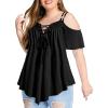ROSE GAL Rosegal Women Plus Size Cold Shoulder Tee Lace-up Asymmetric Marled Short Sleeves Tee Open Shoulder Tunic Top(Black_1)