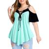 ROSE GAL Rosegal Women Plus Size Cold Shoulder Tee Lace-up Asymmetric Marled Short Sleeves Tee Open Shoulder Tunic Top(Light Green_1)