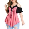 ROSE GAL Rosegal Women Plus Size Cold Shoulder Tee Lace-up Asymmetric Marled Short Sleeves Tee Open Shoulder Tunic Top(Pink_1)