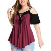 ROSE GAL Rosegal Women Plus Size Cold Shoulder Tee Lace-up Asymmetric Marled Short Sleeves Tee Open Shoulder Tunic Top(Red_1)