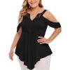 ROSE GAL Rosegal Women Plus Size Cold Shoulder Top Floral Applique Ruched Draped T-Shirt Open Shoulder Tunic Top(Black_1)