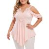 ROSE GAL Rosegal Women Plus Size Cold Shoulder Top Floral Applique Ruched Draped T-Shirt Open Shoulder Tunic Top(Pink_2)