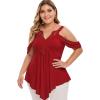 ROSE GAL Rosegal Women Plus Size Cold Shoulder Top Floral Applique Ruched Draped T-Shirt Open Shoulder Tunic Top(Red_1)