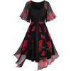 ROSE GAL Rosegal Women Plus Size Flower Print Chiffon Panel Knee Length Flowy Dress with Pockets(Black)