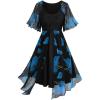 ROSE GAL Rosegal Women Plus Size Flower Print Chiffon Panel Knee Length Flowy Dress with Pockets(Blue_1)
