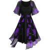 ROSE GAL Rosegal Women Plus Size Flower Print Chiffon Panel Knee Length Flowy Dress with Pockets(Purple)