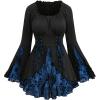 ROSE GAL Womens Plus Size Flocking Floral Figure Print Lace Up Ruched Ruffles Long Bell Sleeves Flowy 2 in 1 Top(Blue)