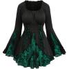ROSE GAL Womens Plus Size Flocking Floral Figure Print Lace Up Ruched Ruffles Long Bell Sleeves Flowy 2 in 1 Top(Green)