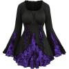 ROSE GAL Womens Plus Size Flocking Floral Figure Print Lace Up Ruched Ruffles Long Bell Sleeves Flowy 2 in 1 Top(Purple)