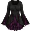 ROSE GAL Womens Plus Size Flocking Floral Figure Print Lace Up Ruched Ruffles Long Bell Sleeves Flowy 2 in 1 Top(Purple_1)