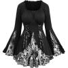 ROSE GAL Womens Plus Size Flocking Floral Figure Print Lace Up Ruched Ruffles Long Bell Sleeves Flowy 2 in 1 Top(White)