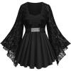 ROSE GAL Womens Plus Size Lace Applique Trim Ruched Buckle Flocking Floral Long Flare Sleeve 2 in 1 Flowy Top(Black)