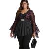 ROSE GAL Womens Plus Size Lace Applique Trim Ruched Buckle Flocking Floral Long Flare Sleeve 2 in 1 Flowy Top(Black_2)