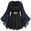 ROSE GAL Womens Plus Size Lace Applique Trim Ruched Buckle Flocking Floral Long Flare Sleeve 2 in 1 Flowy Top(Blue)