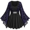 ROSE GAL Womens Plus Size Lace Applique Trim Ruched Buckle Flocking Floral Long Flare Sleeve 2 in 1 Flowy Top(Purple)