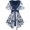 Rosegal Plus Size Womens Crochet Porcelain Floral Print Pleated Twist Ruched 2 in 1 Blouse Short Flutter Sleeve Flowy Top(Blue_3)