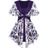 Rosegal Plus Size Womens Crochet Porcelain Floral Print Pleated Twist Ruched 2 in 1 Blouse Short Flutter Sleeve Flowy Top(Purple)