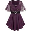 Rosegal Plus Size Womens Sparkly Gold Stamping Stars Print Butterfly Sleeve Blouse 2 in 1 Flowy Short Sleeve Top with Belt(Deep Purple)