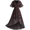 Rosegal Women Plus Size High Low Hem V Neck Ruffle Flutter Sleeves Chiffon Maxi Floral Flowy Dress(Black)