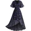 Rosegal Women Plus Size High Low Hem V Neck Ruffle Flutter Sleeves Chiffon Maxi Floral Flowy Dress(Blue)