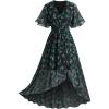 Rosegal Women Plus Size High Low Hem V Neck Ruffle Flutter Sleeves Chiffon Maxi Floral Flowy Dress(Green)