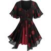 Rosegal Women Plus Size Romantic Goth Short Flutter Sleeve Tee Rose Embroidery Lace-up Chiffon Flowy Gothic 2 in 1 Top(Black)