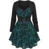 Rosegal Womens Plus Size Flocking Floral Mesh Panel Lace Up Grommet 2 in 1 Long Sleeves Top(Green)