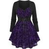 Rosegal Womens Plus Size Flocking Floral Mesh Panel Lace Up Grommet 2 in 1 Long Sleeves Top(Purple)