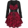 Rosegal Womens Plus Size Flocking Floral Mesh Panel Lace Up Grommet 2 in 1 Long Sleeves Top(Red_1)