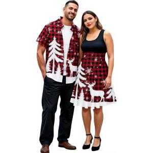 Matchable Couple Christmas Tree Elk Snowflake Plaid Print Shirt or Plus Size Knee Length Fit and Flare Retro Xmas Dress(Men Red)