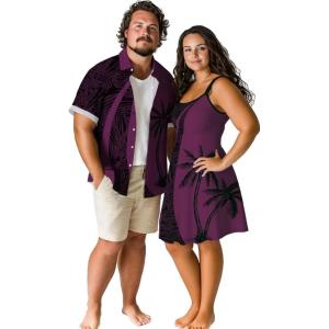 ROSE GAL Matchable Couple Hawaiian Coconut Tree Print Shirt or Plus Size Knee Length Fit and Flare Tank Dress(Men Deep Red)