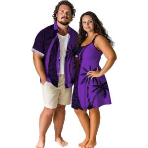 ROSE GAL Matchable Couple Hawaiian Coconut Tree Print Shirt or Plus Size Knee Length Fit and Flare Tank Dress(Women Purple)
