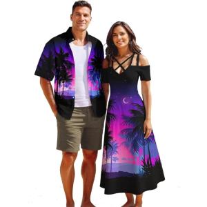 ROSE GAL Matchable Couple Hawaiian Coconut Tree Print Shirt or Plus Size Midi Cold Shoulder Dress(Men Purple)