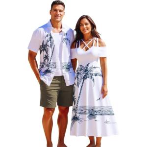 ROSE GAL Matchable Couple Hawaiian Coconut Tree Print Shirt or Plus Size Midi Cold Shoulder Dress(Women White)