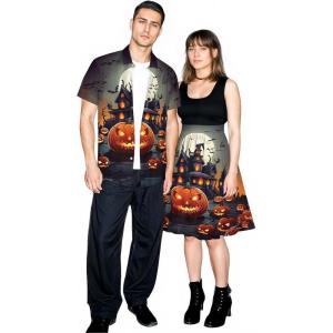 ROSE GAL Matchable Couples Halloween Outfits Pumpkin Bats Printed Men Shirt or Plus Women Vintage Sleeveless Dress(Men Black)