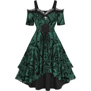 ROSE GAL Plus Size Gothic Lace Up Flocking Floral Layered Cold Shoulder Flowy Dress(Green)