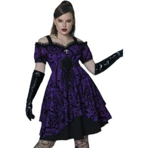 ROSE GAL Plus Size Gothic Lace Up Flocking Floral Layered Cold Shoulder Flowy Dress(Purple)